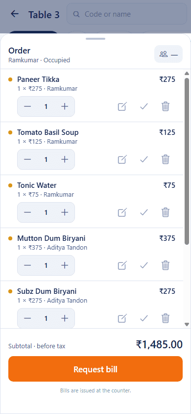 IntelixServe waiter app — The order sheet